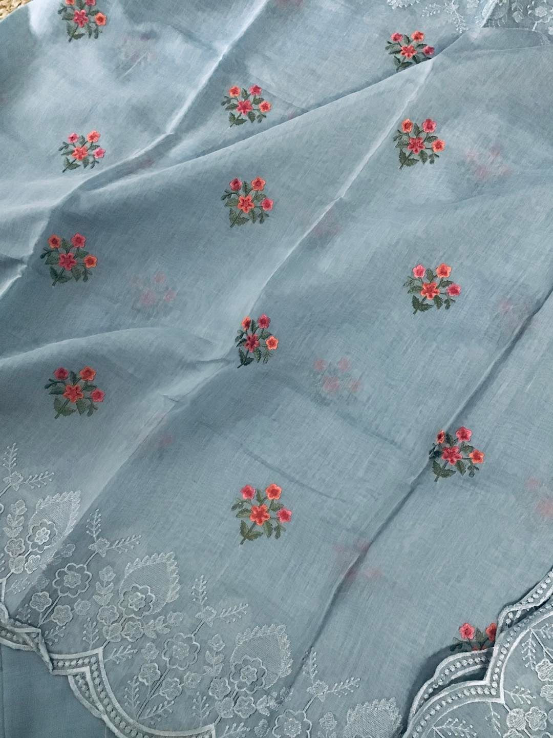 Pure Mul Chanderi Embroidered Suit - Grey
