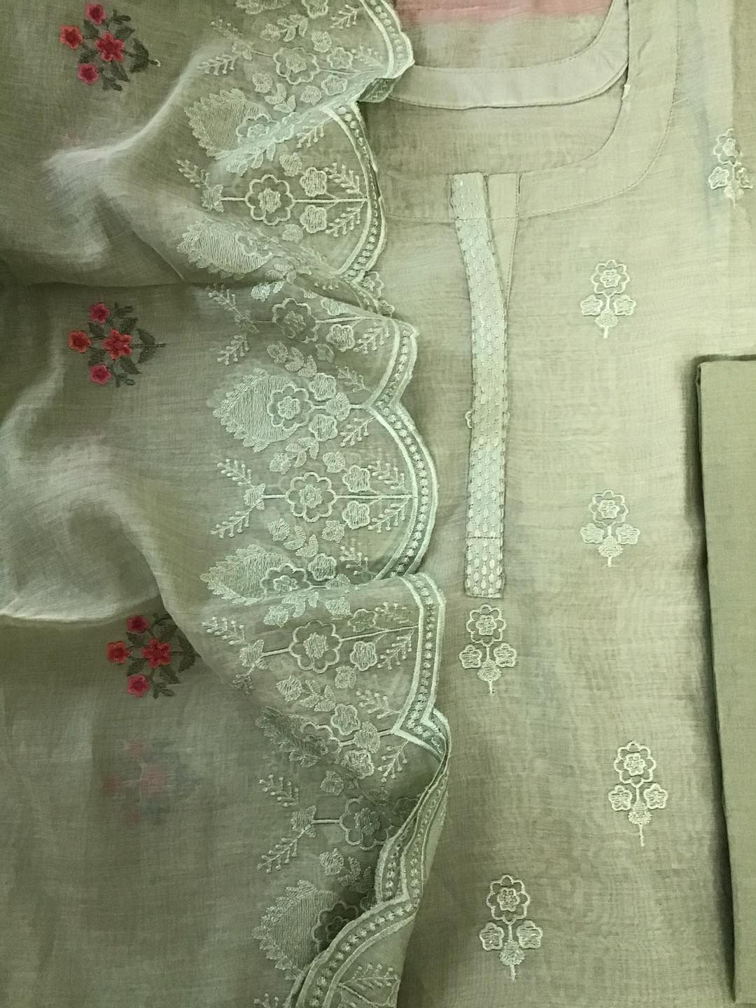 Pure Mul Chanderi Embroidered Suit - Green