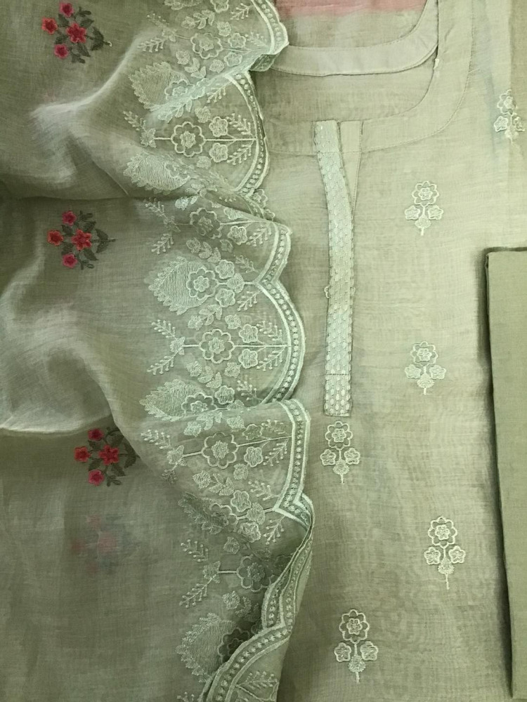 Image of Pure Mul Chanderi Embroidered Suit - Green