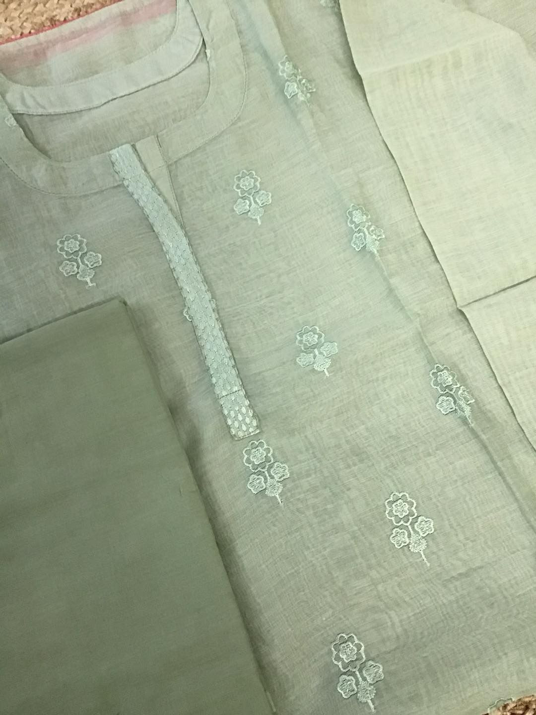 Pure Mul Chanderi Embroidered Suit - Green