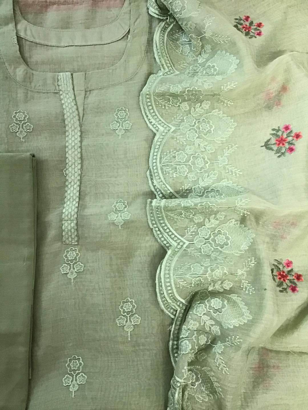 Pure Mul Chanderi Embroidered Suit - Green