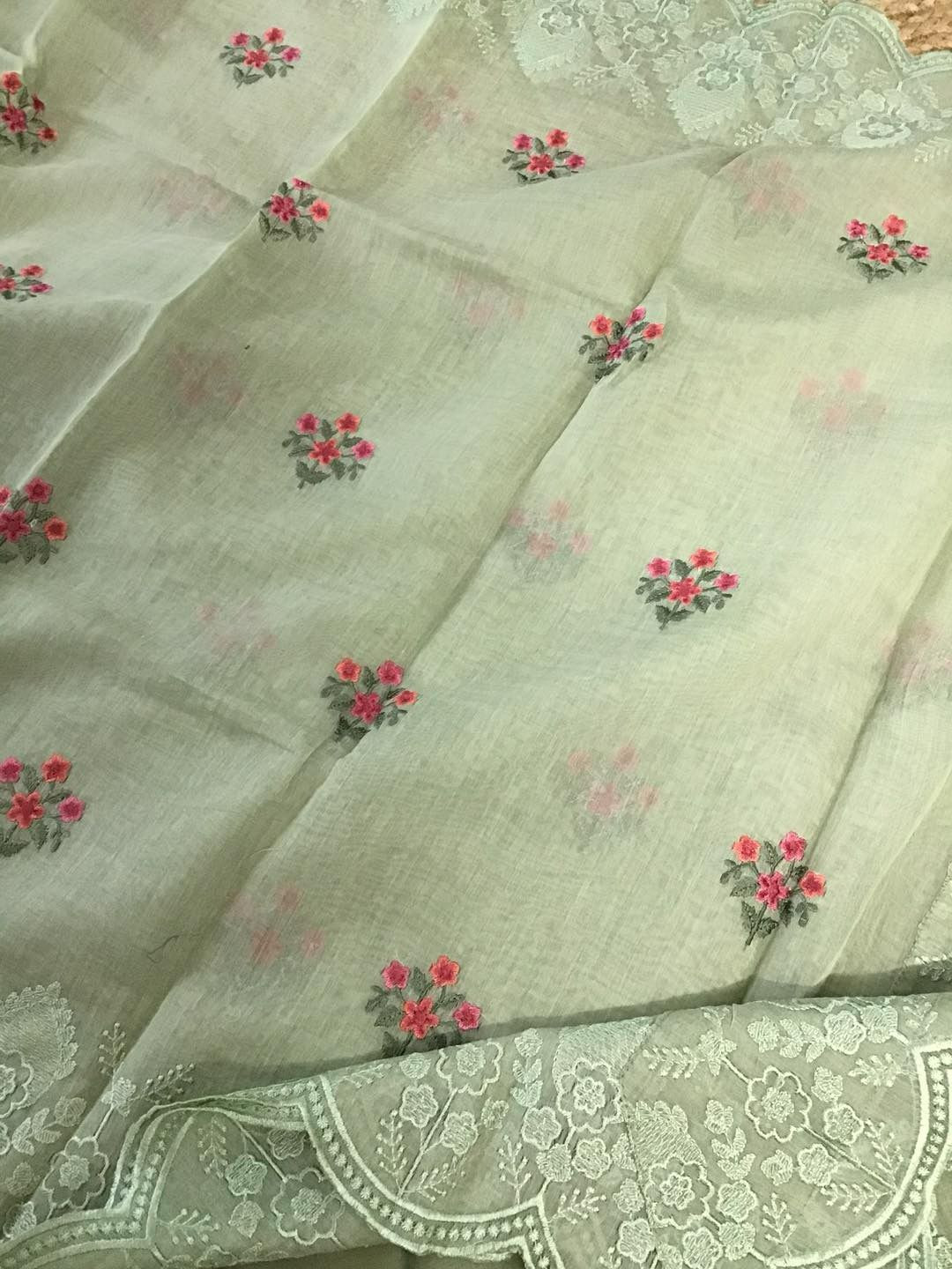 Pure Mul Chanderi Embroidered Suit - Green