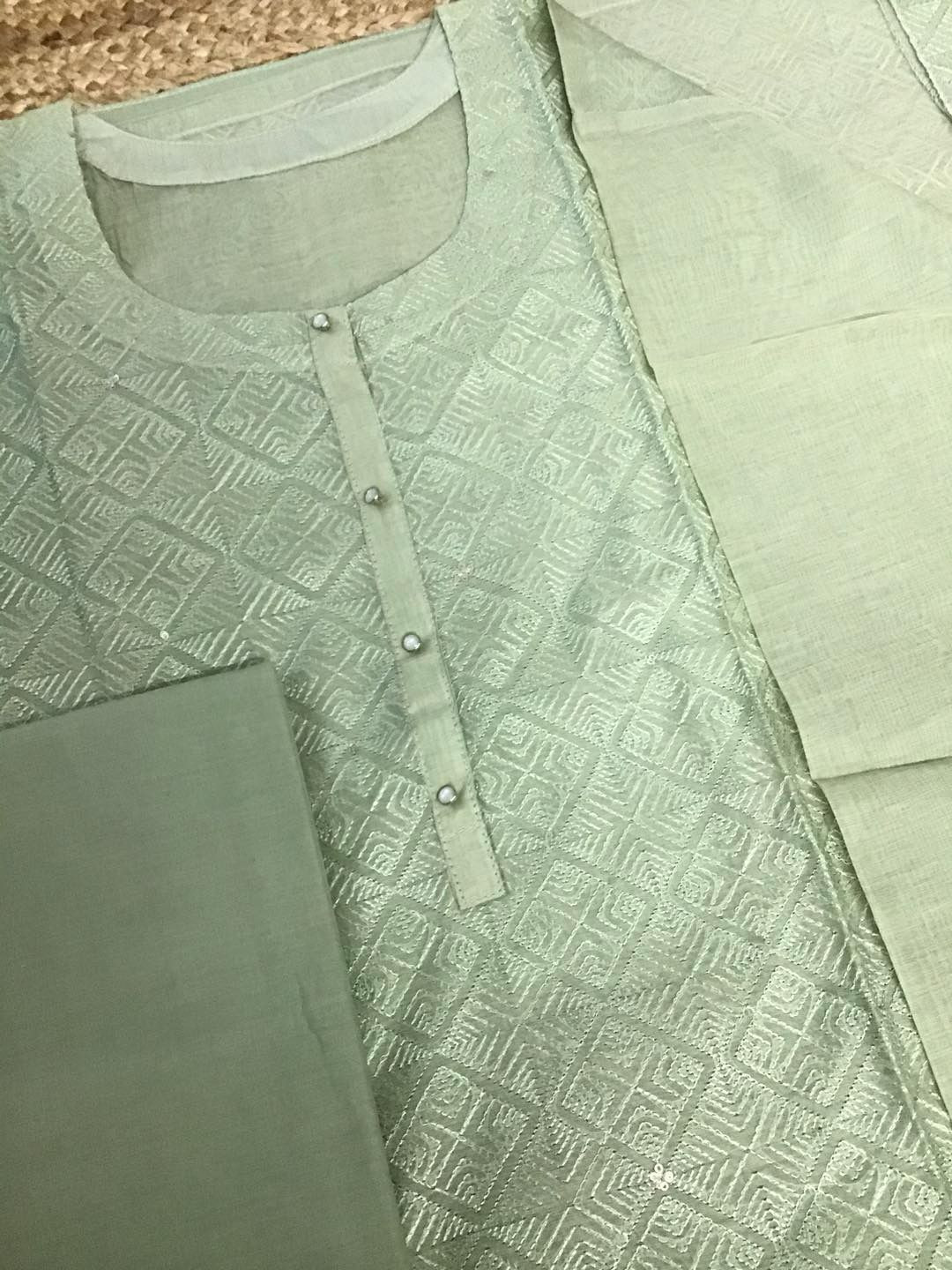 Pure Mul Chanderi Embroidered Suit - Green