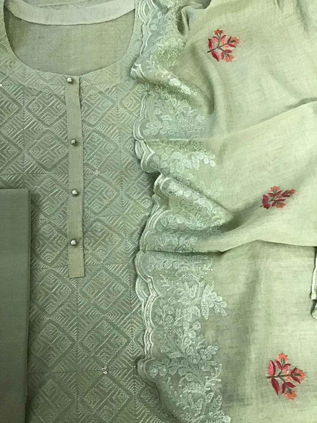 Pure Mul Chanderi Embroidered Suit - Green