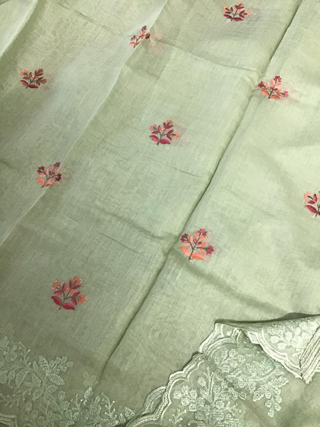 Pure Mul Chanderi Embroidered Suit - Green