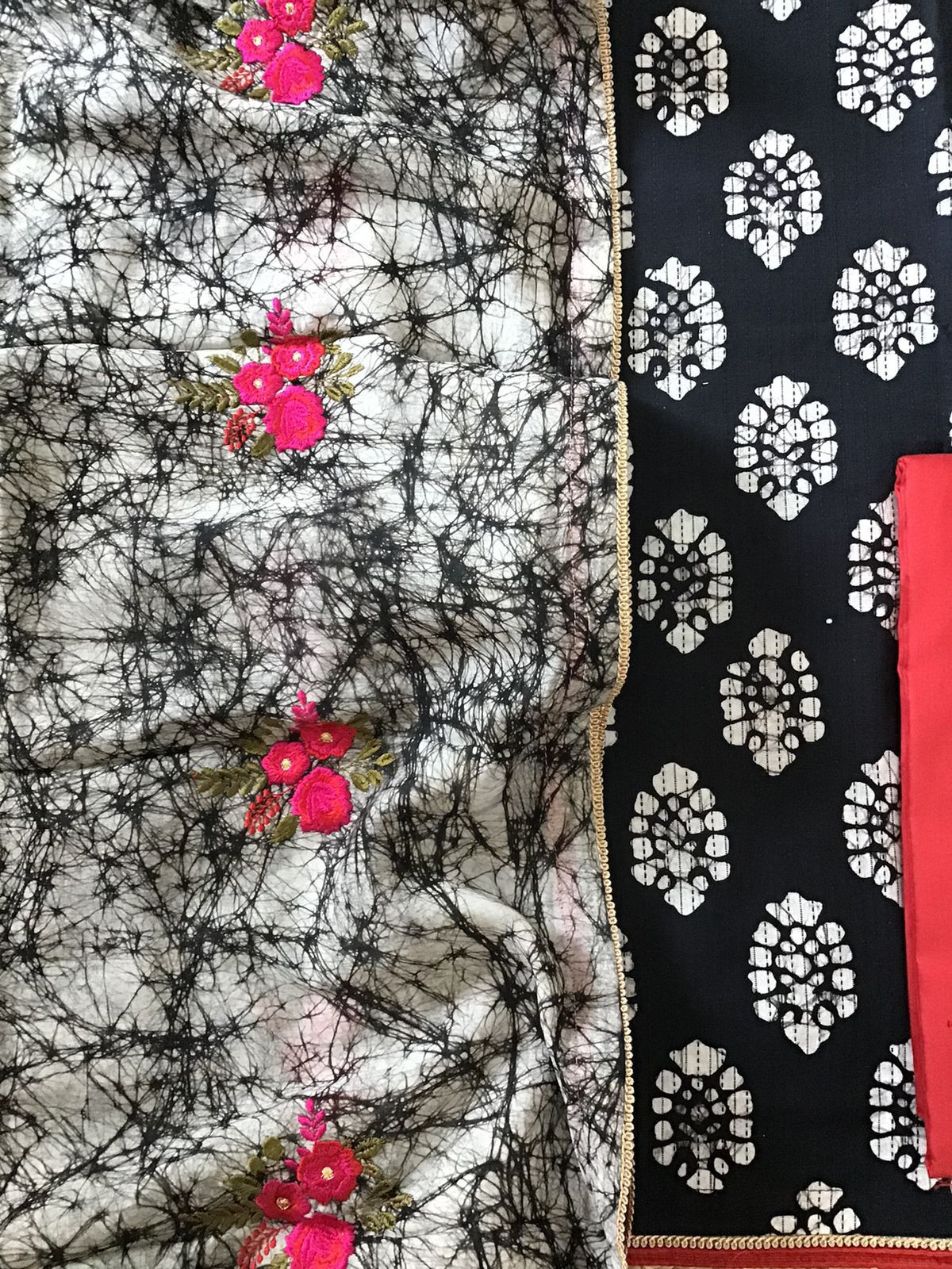 Pure Cotton Printed Embroidered Suit - Black