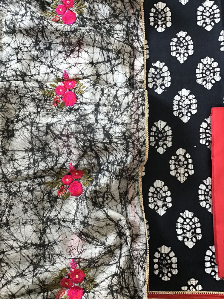 Image of Pure Cotton Printed Embroidered Suit - Black