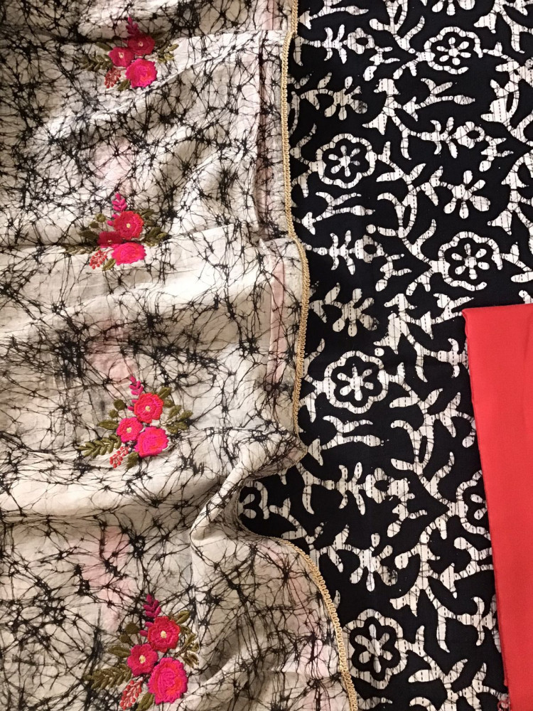 Image of Pure Cotton Printed Embroidered Suit - Black