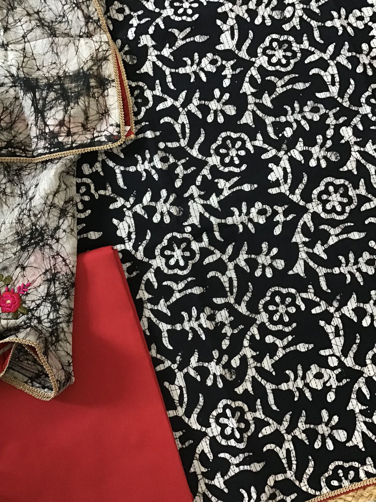 Pure Cotton Printed Embroidered Suit - Black