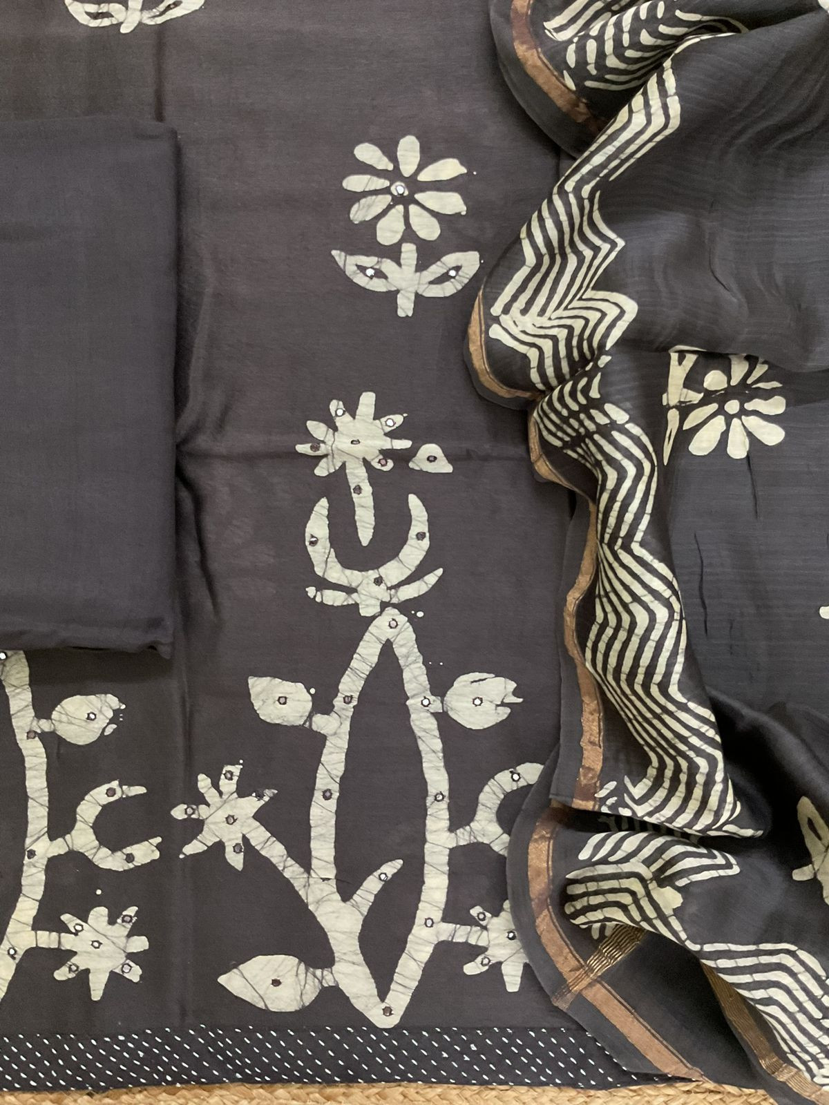 Pure Chanderi Printed Embroidered Suit - Brown