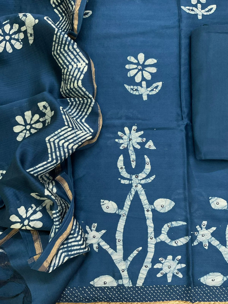 Image of Pure Chanderi Printed Embroidered Suit - Blue
