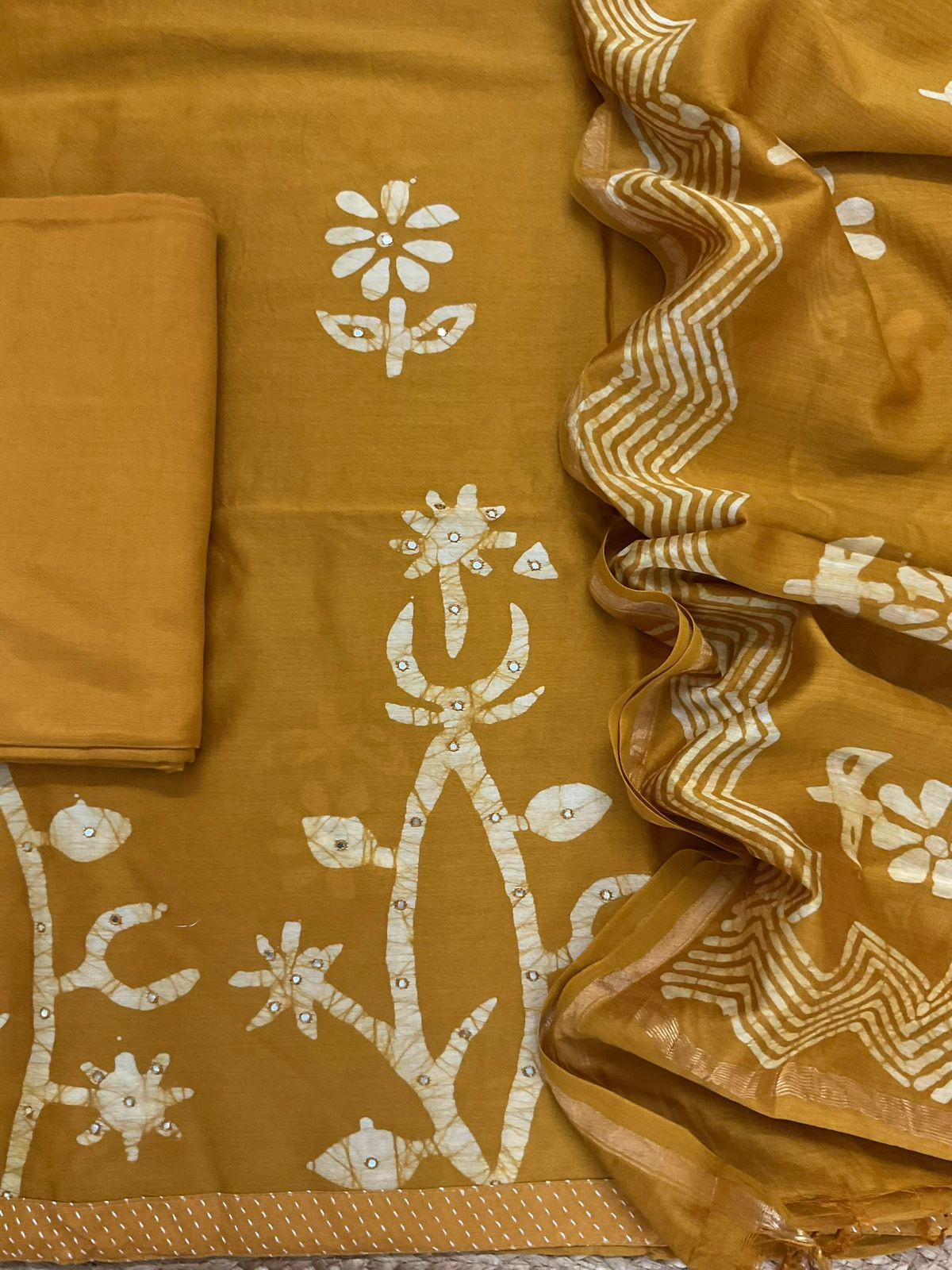 Pure Chanderi Printed Embroidered Suit - Mustard