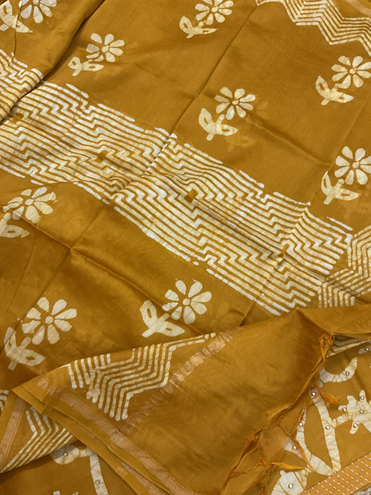 Pure Chanderi Printed Embroidered Suit - Mustard