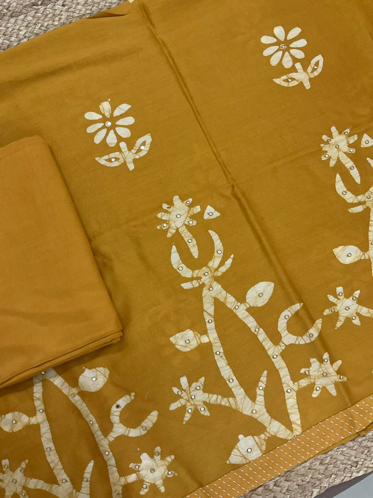 Pure Chanderi Printed Embroidered Suit - Mustard