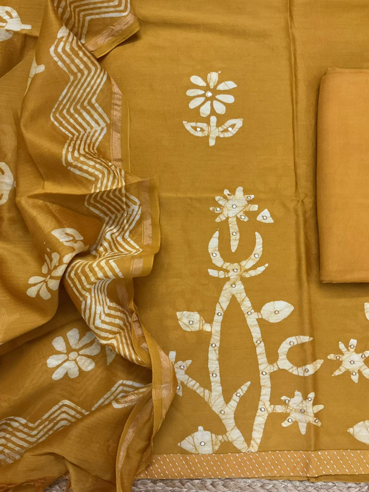 Pure Chanderi Printed Embroidered Suit - Mustard