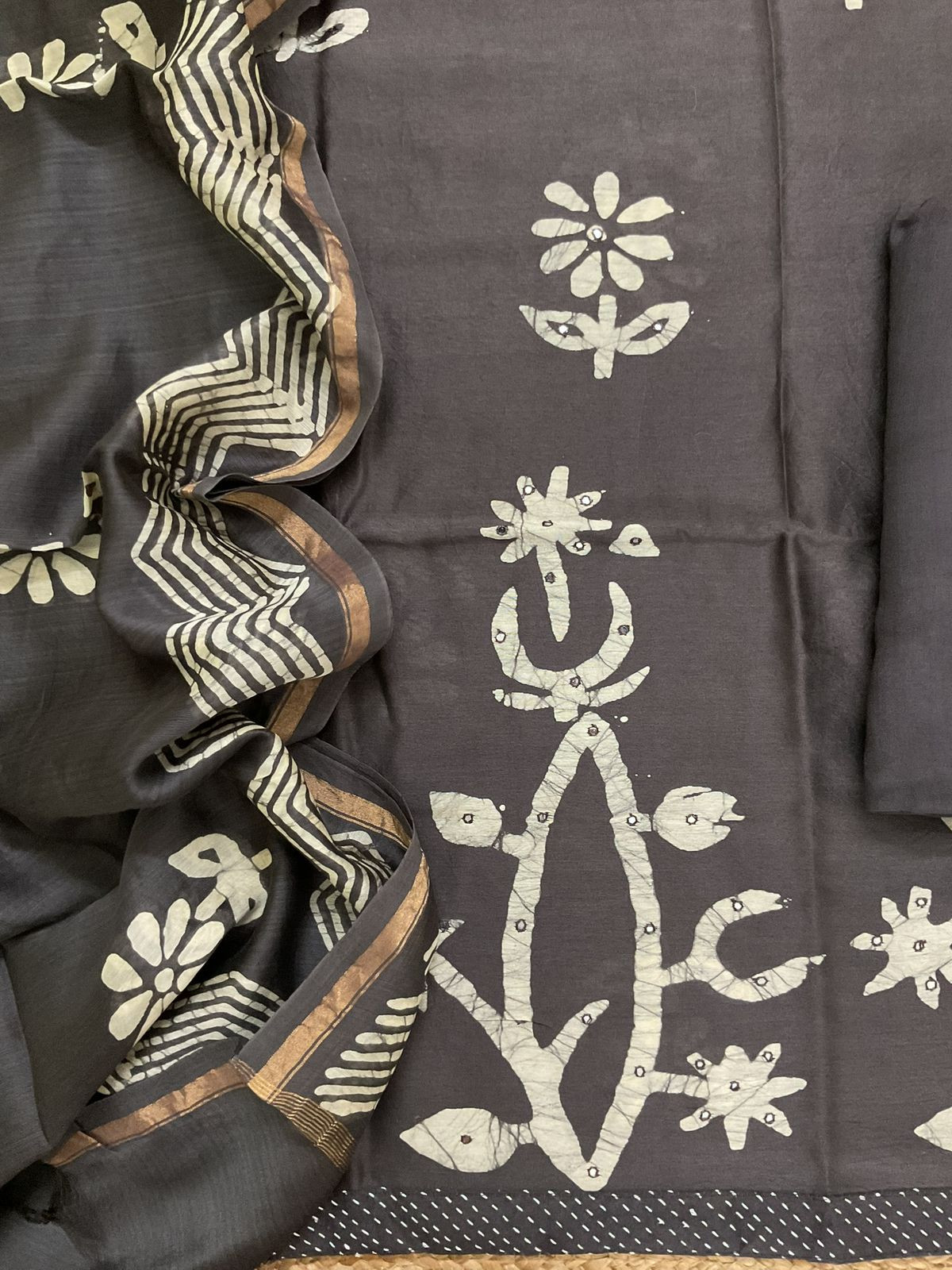 Pure Chanderi Printed Embroidered Suit - Brown