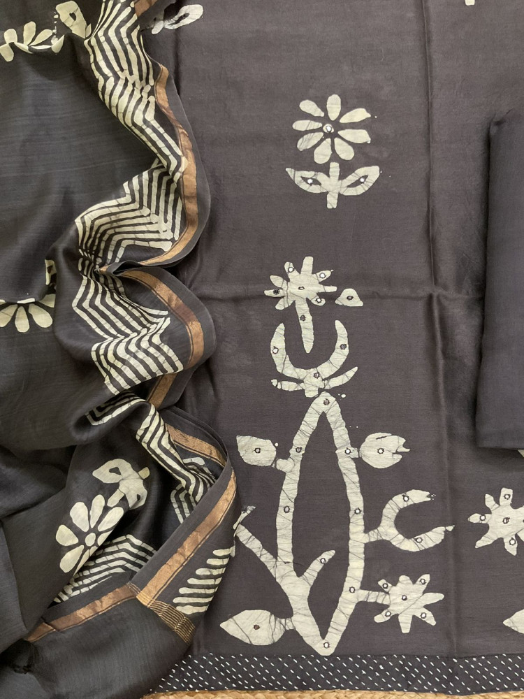 Image of Pure Chanderi Printed Embroidered Suit - Brown