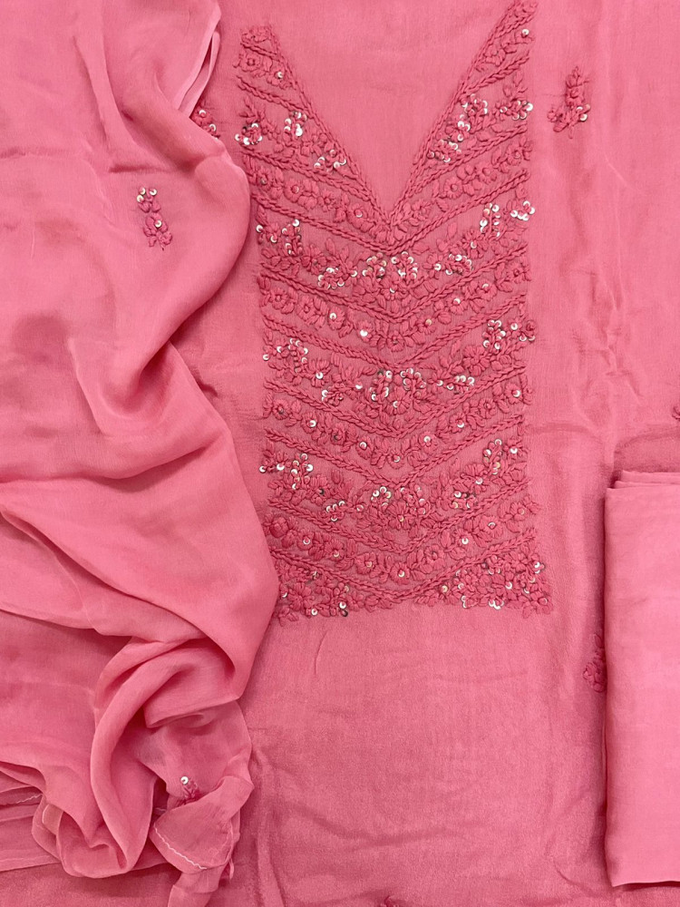 Image of Pure Chinnon Silk Embroidered Suit - Pink