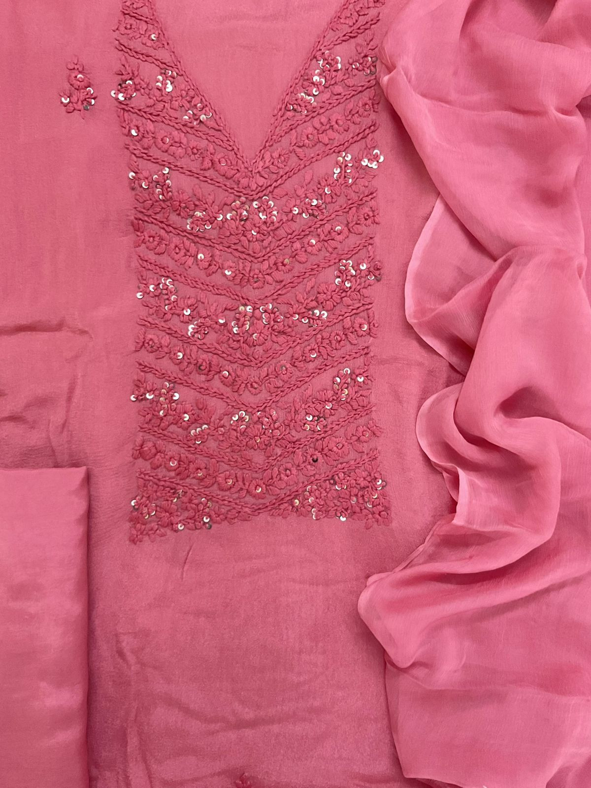 Pure Chinnon Silk Embroidered Suit - Pink