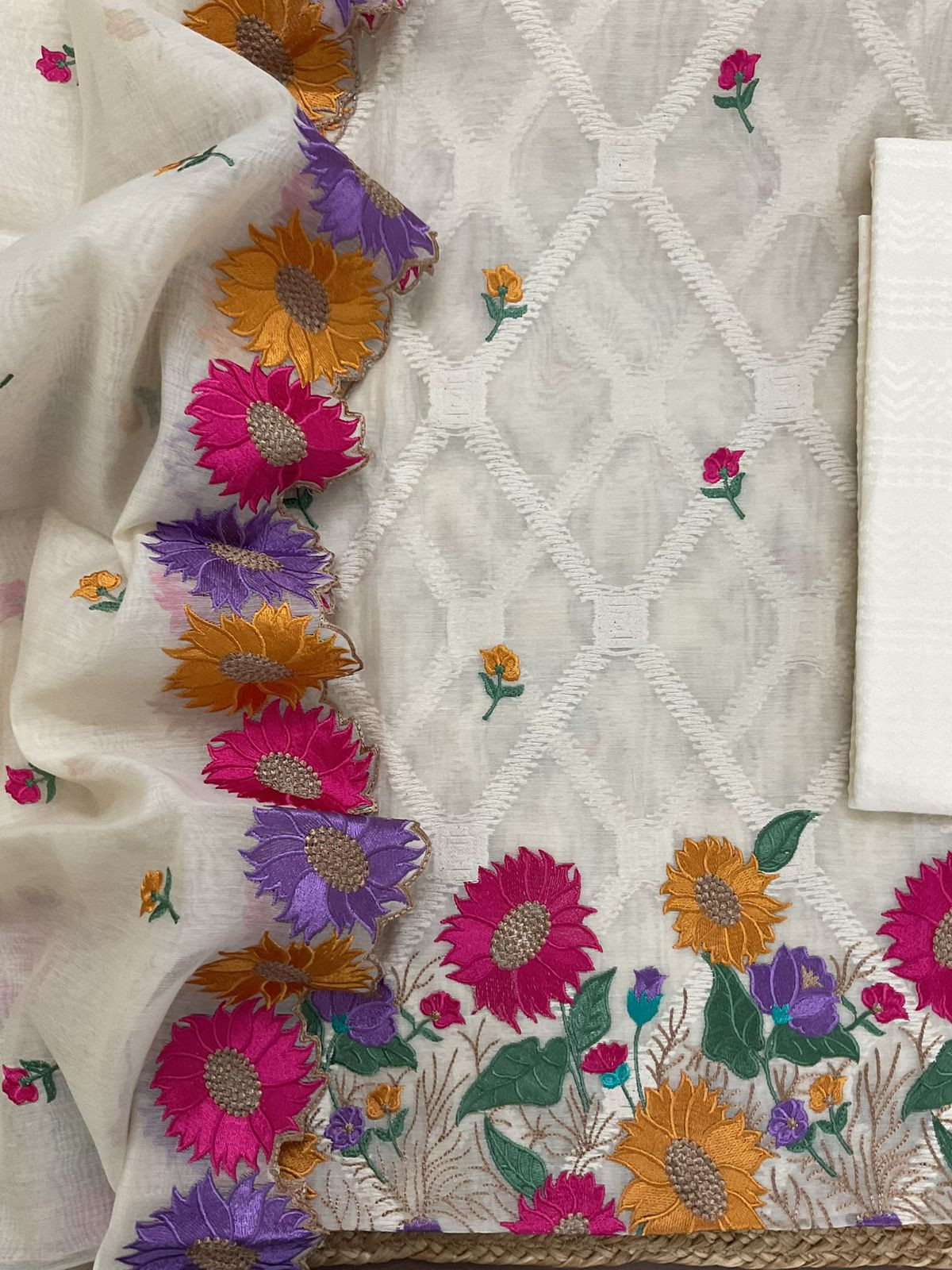 Pure Mul Chanderi Self Weaves Embroidered Suit - Off White