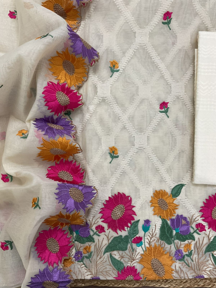 Image of Pure Mul Chanderi Self Weaves Embroidered Suit - Off White