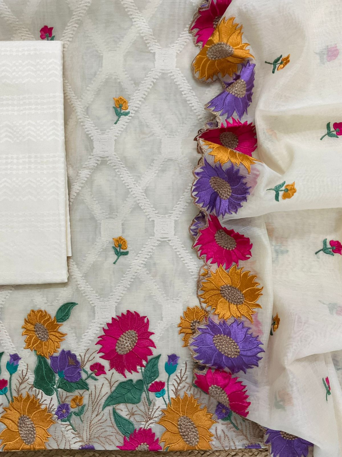 Pure Mul Chanderi Self Weaves Embroidered Suit - Off White