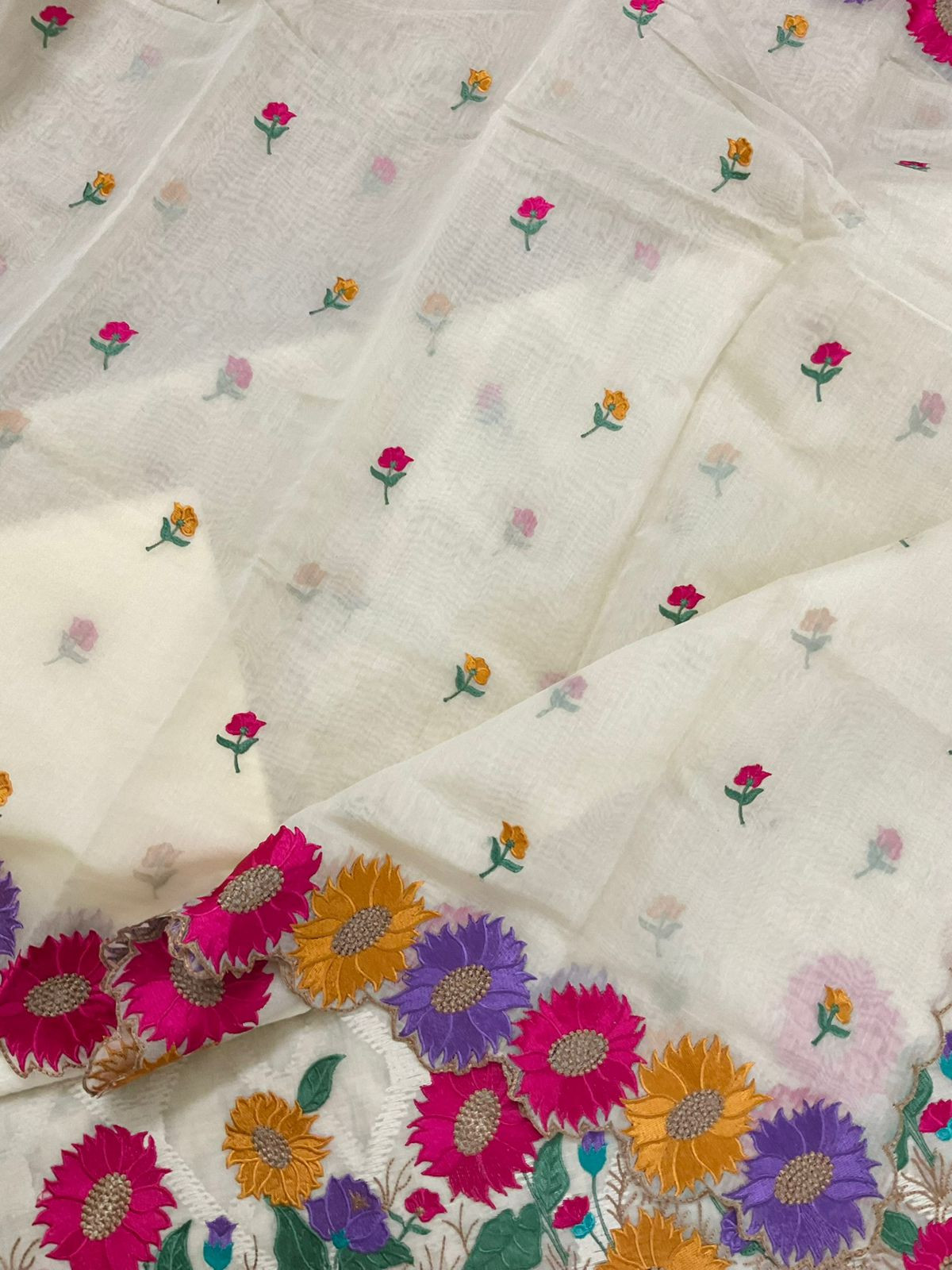 Pure Mul Chanderi Self Weaves Embroidered Suit - Off White