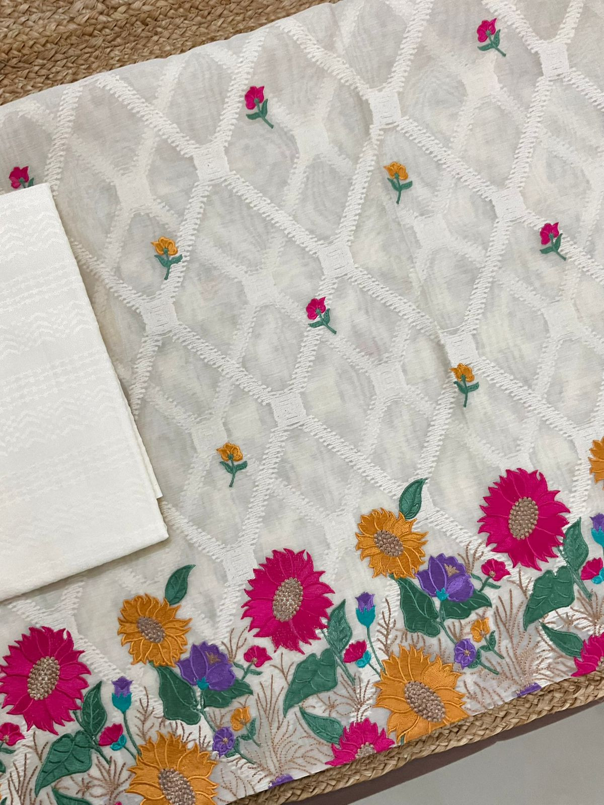 Pure Mul Chanderi Self Weaves Embroidered Suit - Off White