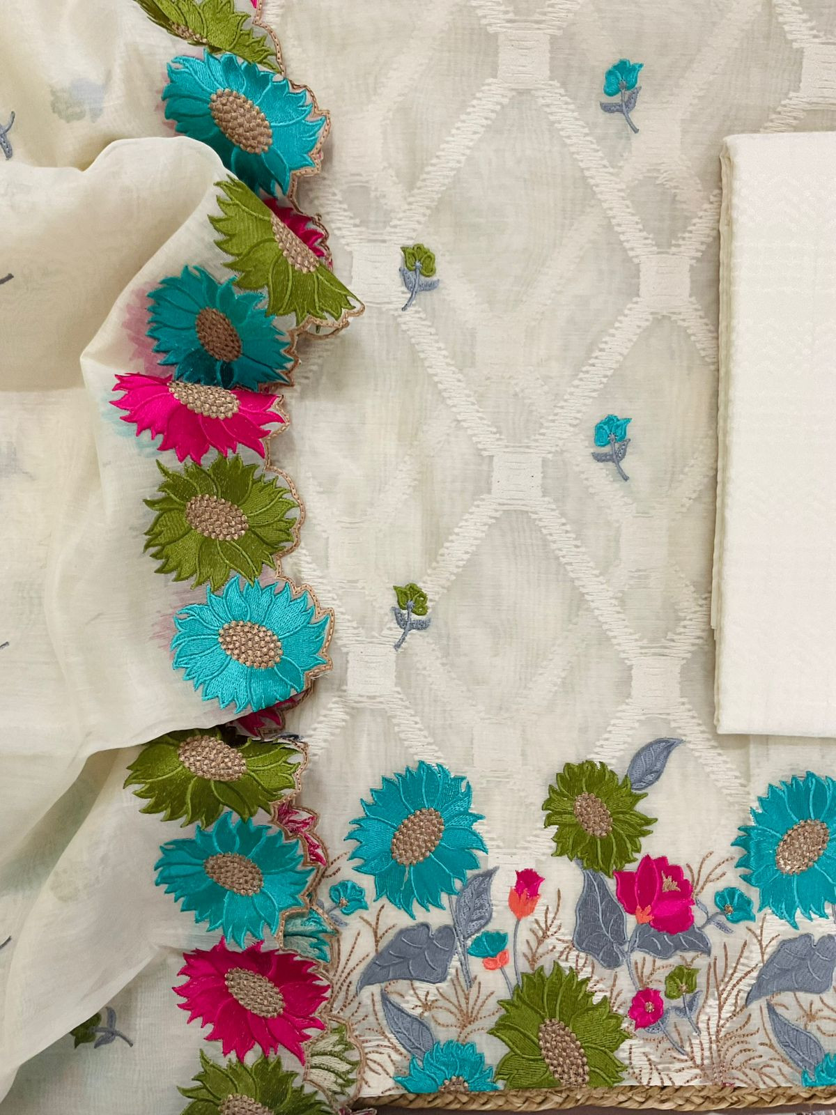 Pure Mul Chanderi Self Weaves Embroidered Suit - Off White