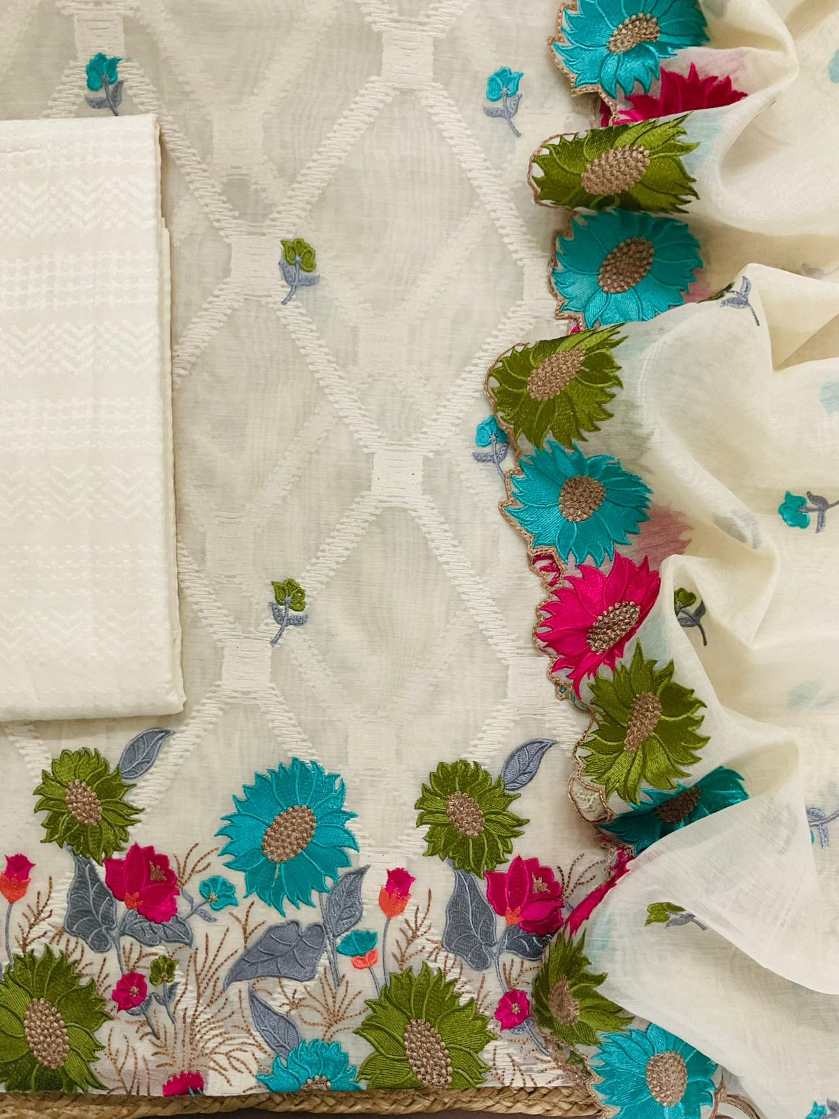 Pure Mul Chanderi Self Weaves Embroidered Suit - Off White