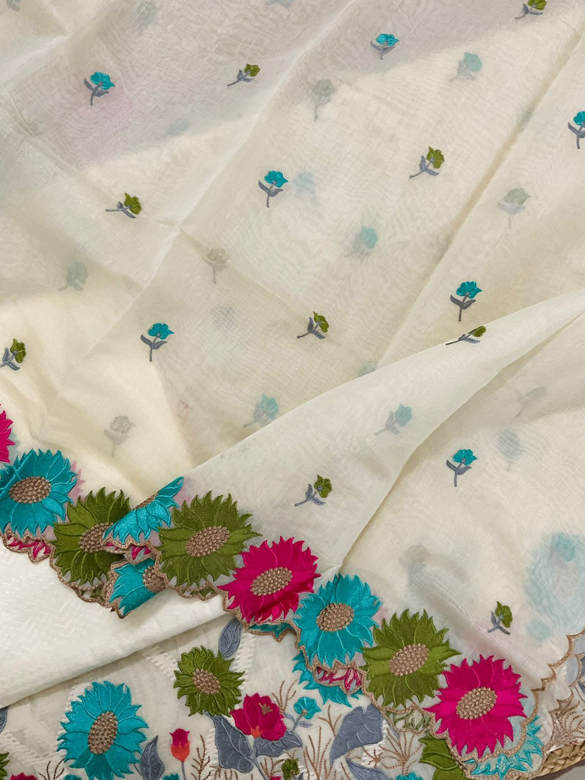 Pure Mul Chanderi Self Weaves Embroidered Suit - Off White