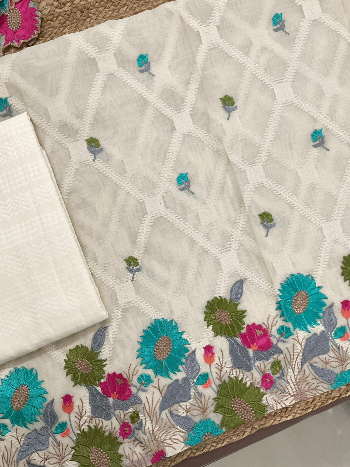 Pure Mul Chanderi Self Weaves Embroidered Suit - Off White