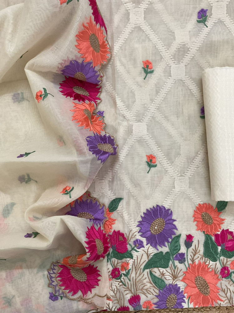 Image of Pure Mul Chanderi Self Weaves Embroidered Suit - Off White
