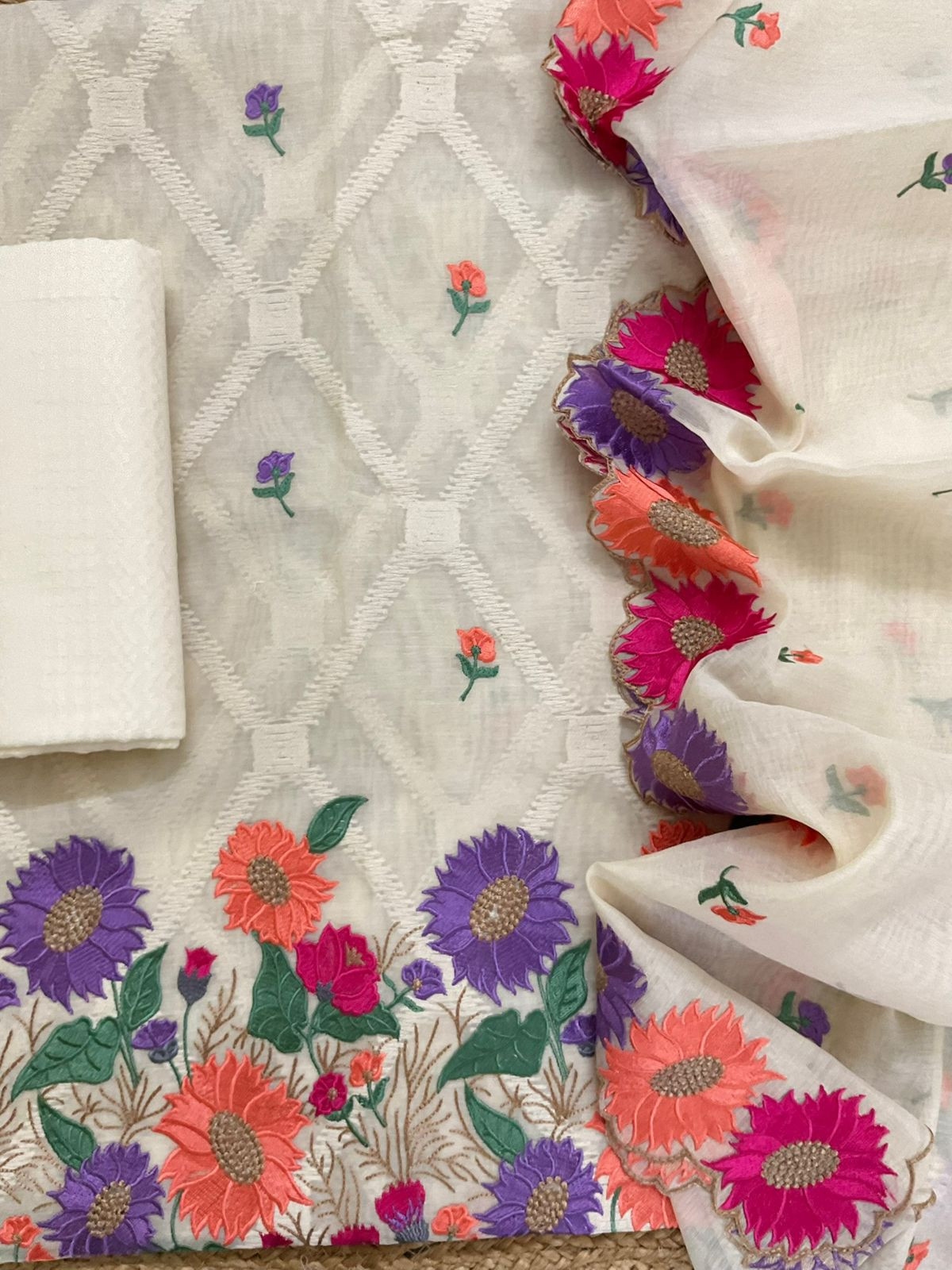 Pure Mul Chanderi Self Weaves Embroidered Suit - Off White