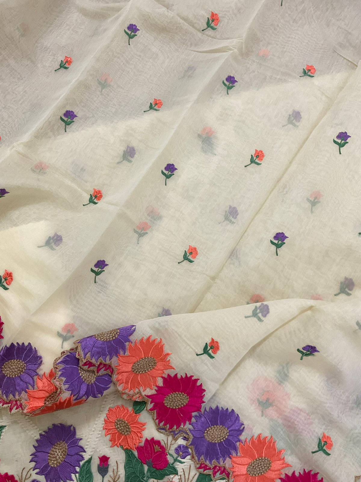 Pure Mul Chanderi Self Weaves Embroidered Suit - Off White