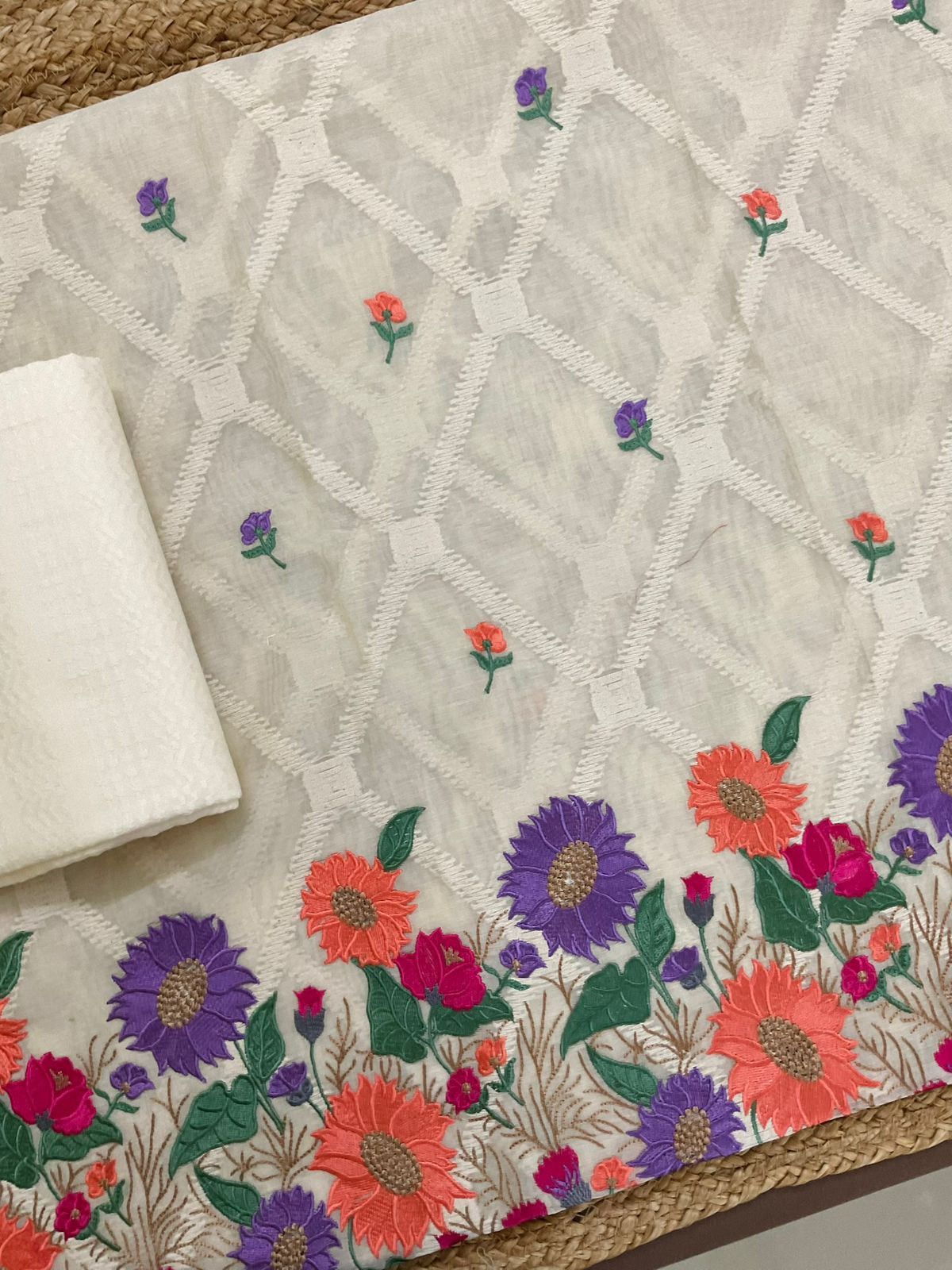 Pure Mul Chanderi Self Weaves Embroidered Suit - Off White