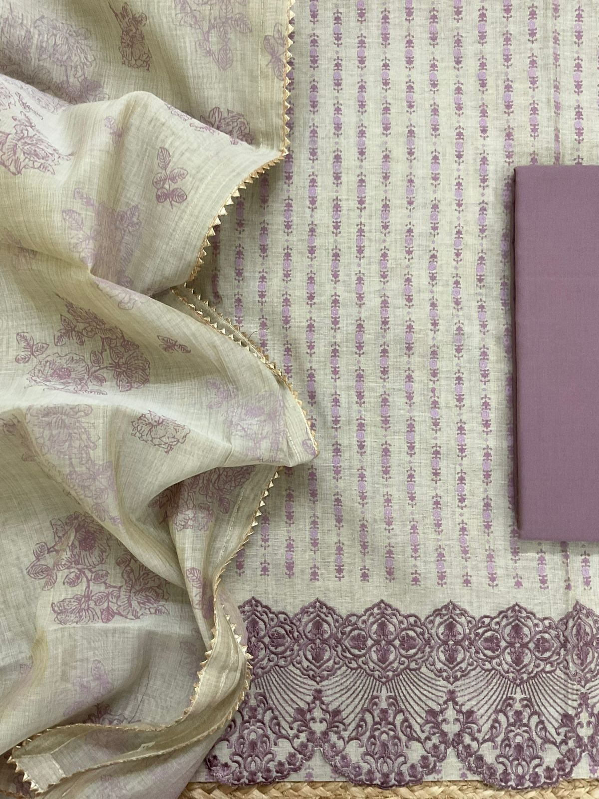 Pure Slub Chanderi Printed Embroidered Suit - Beige