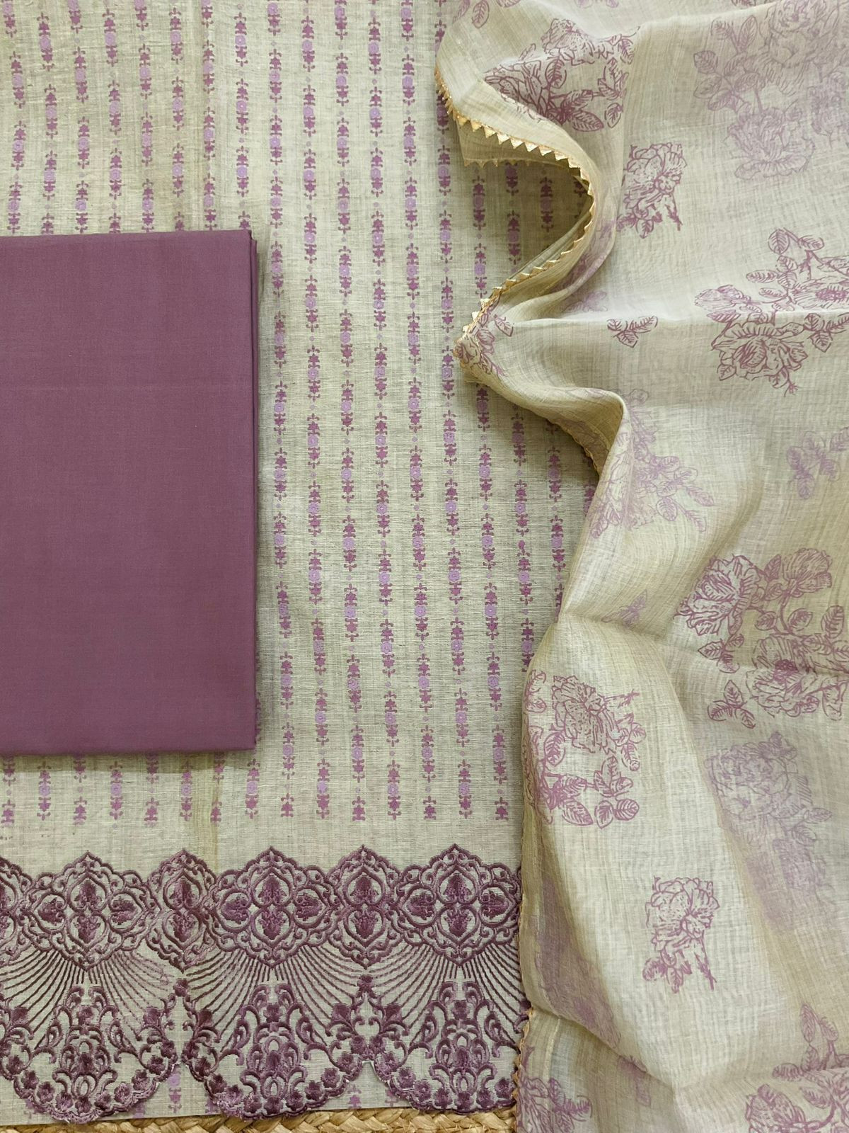 Pure Slub Chanderi Printed Embroidered Suit - Beige