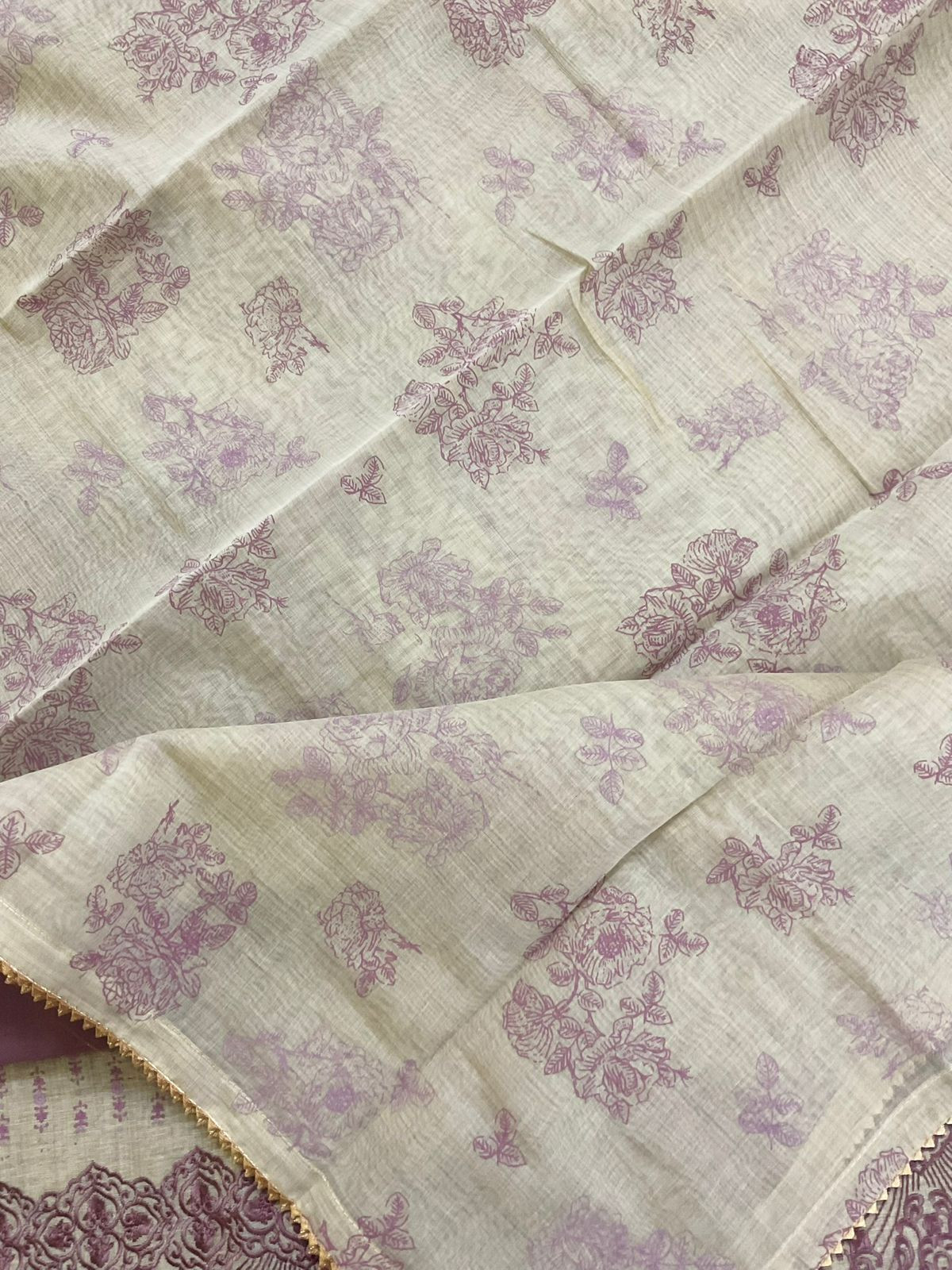 Pure Slub Chanderi Printed Embroidered Suit - Beige