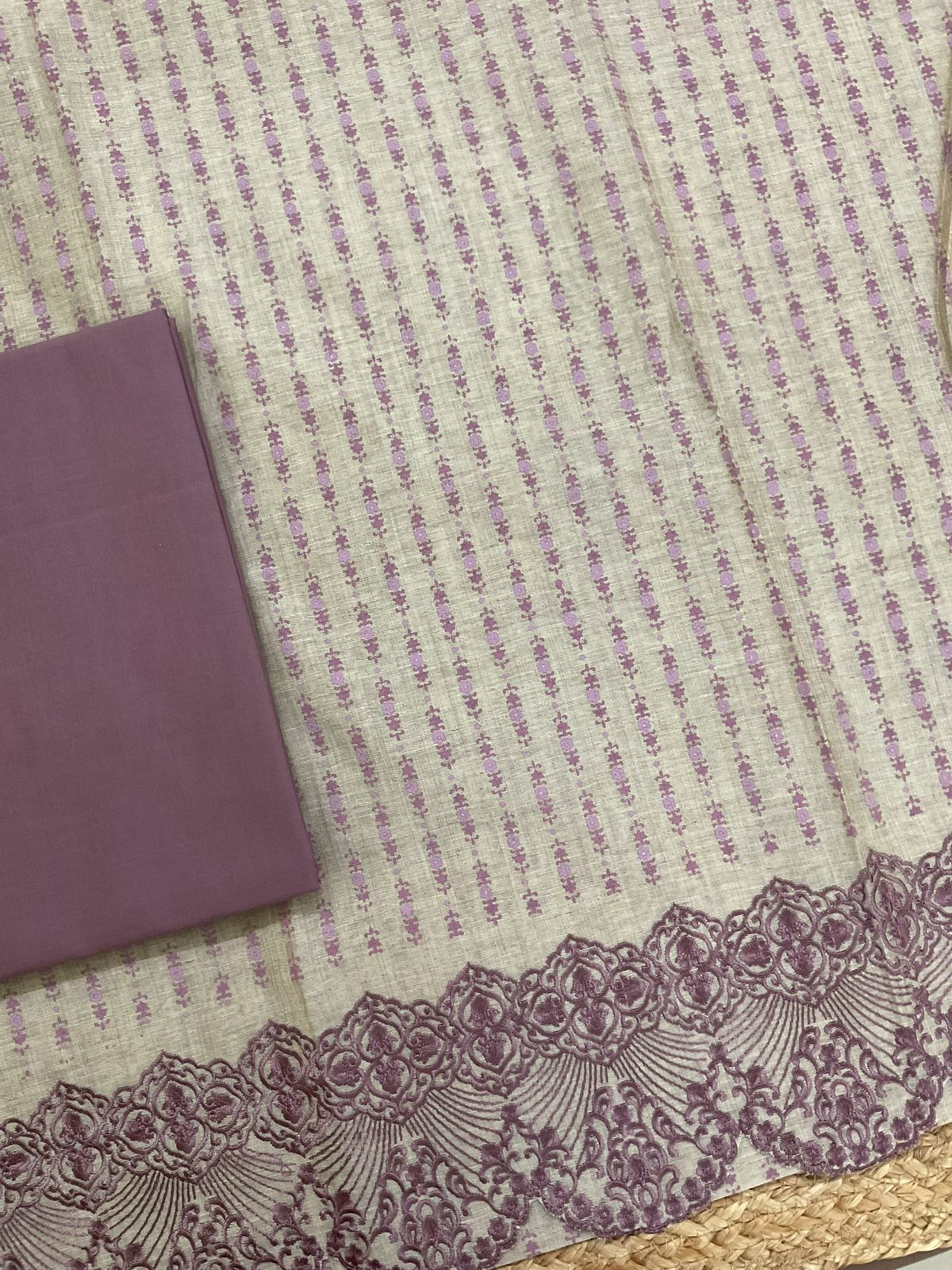 Pure Slub Chanderi Printed Embroidered Suit - Beige