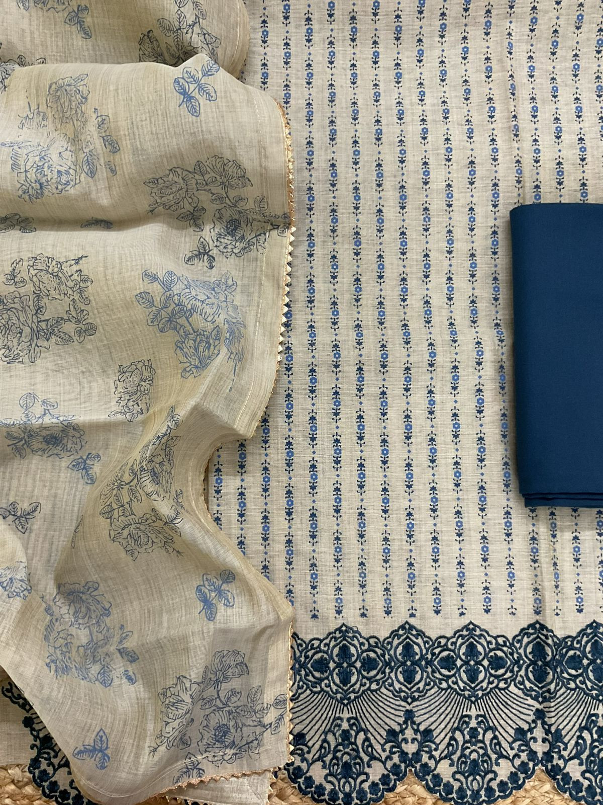 Pure Slub Chanderi Printed Embroidered Suit - Beige