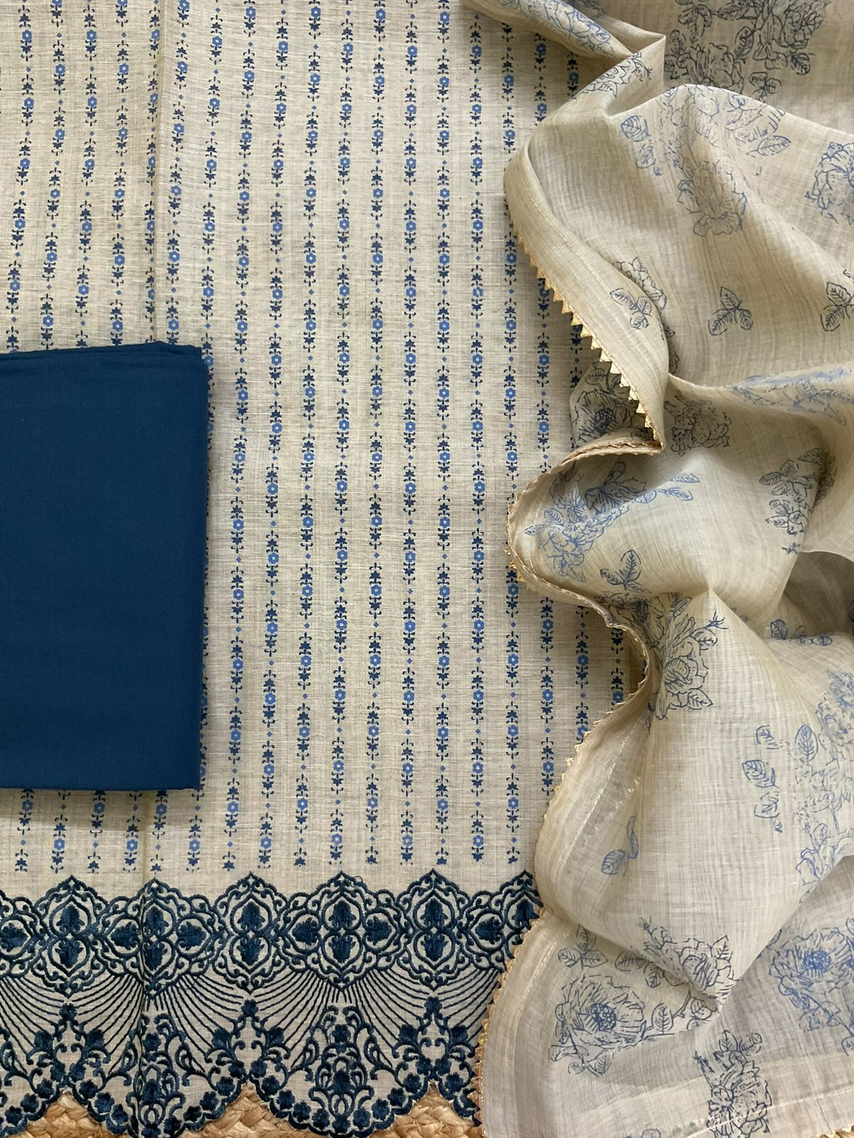 Pure Slub Chanderi Printed Embroidered Suit - Beige