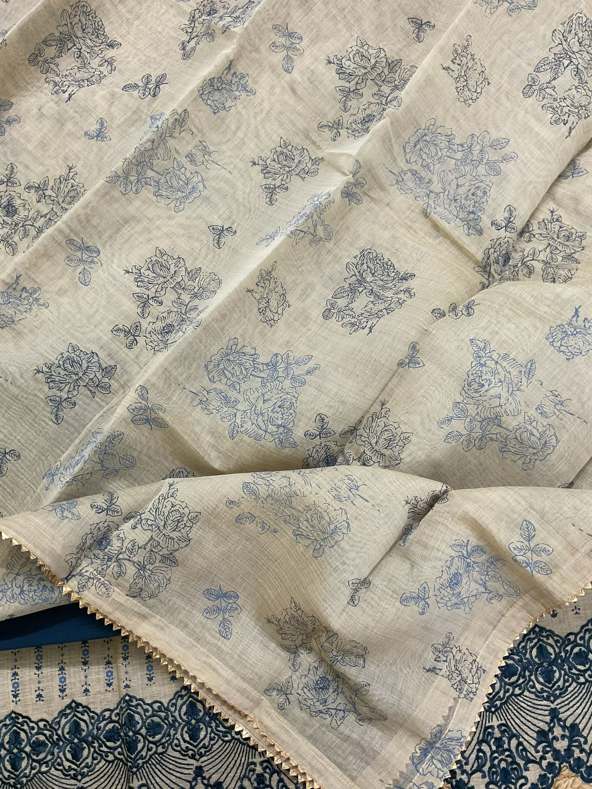 Pure Slub Chanderi Printed Embroidered Suit - Beige