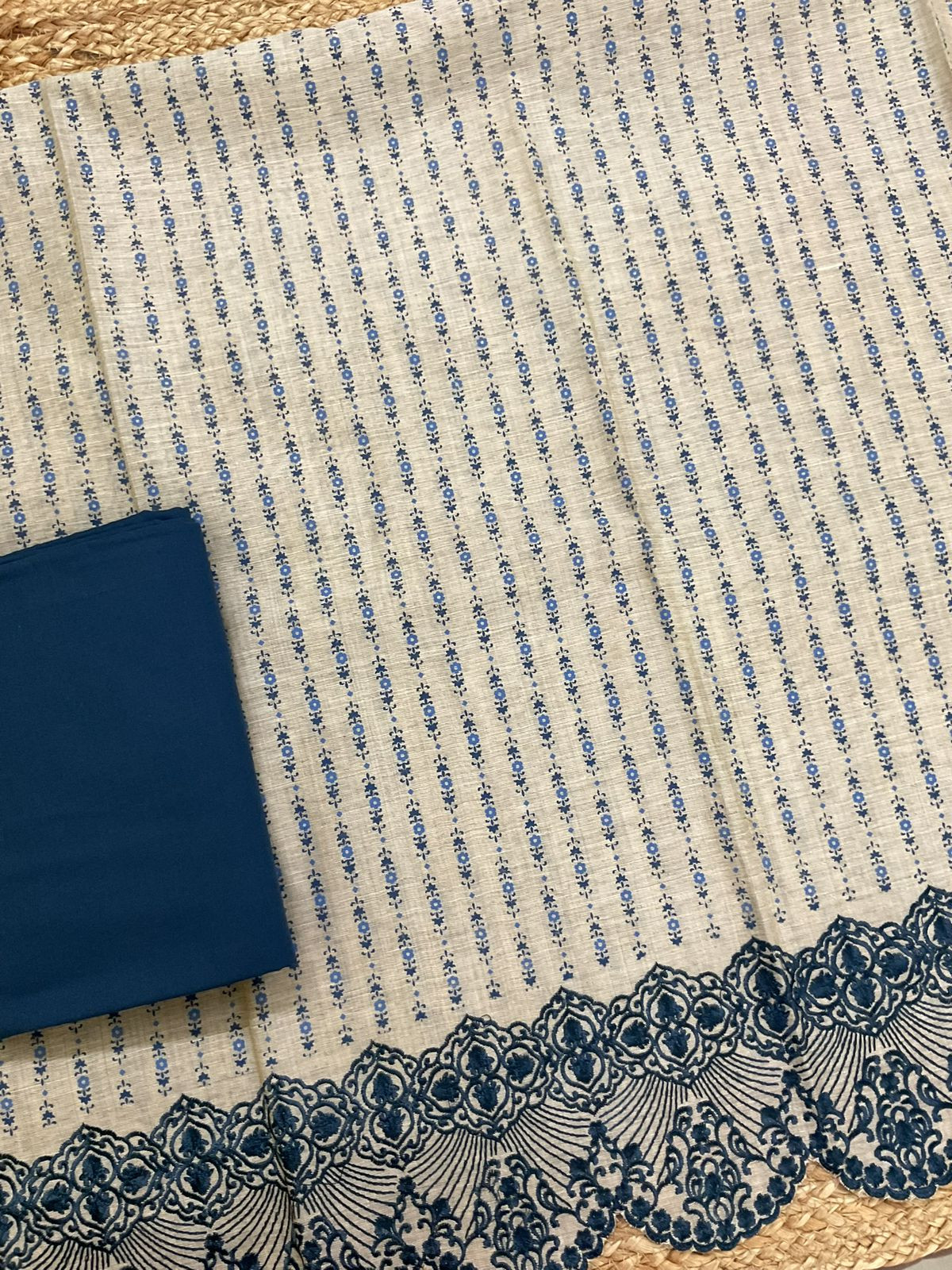 Pure Slub Chanderi Printed Embroidered Suit - Beige