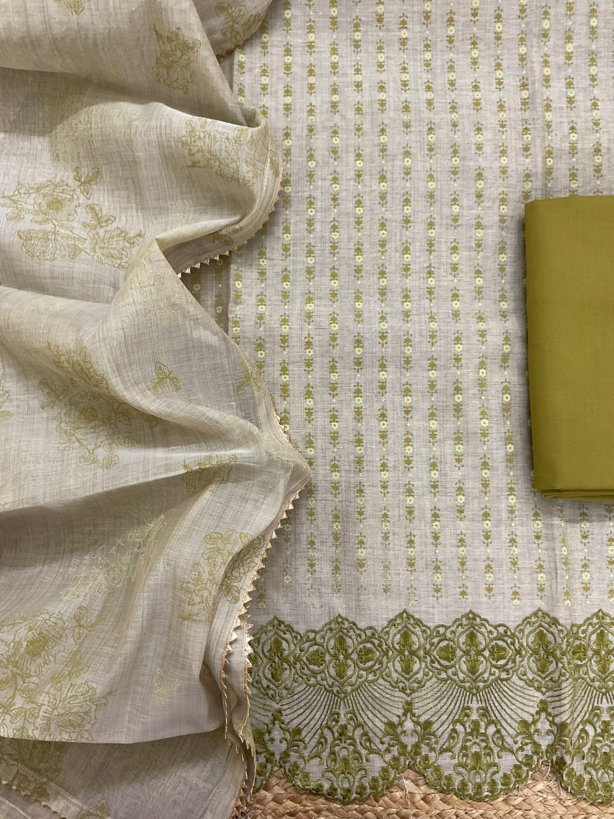 Pure Slub Chanderi Printed Embroidered Suit - Beige
