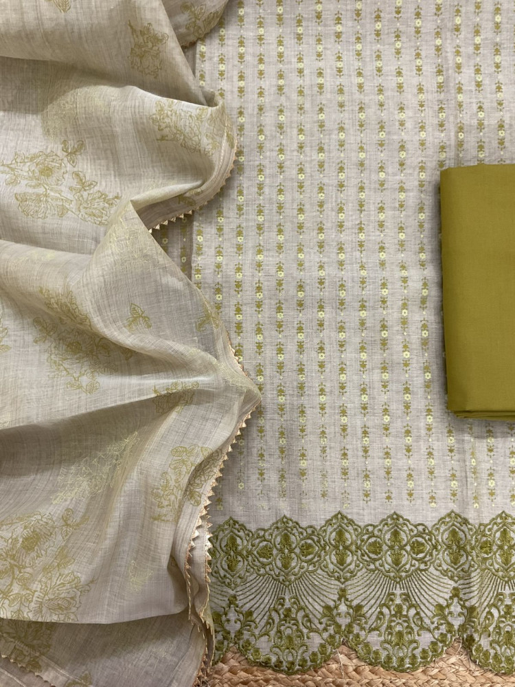 Image of Pure Slub Chanderi Printed Embroidered Suit - Beige
