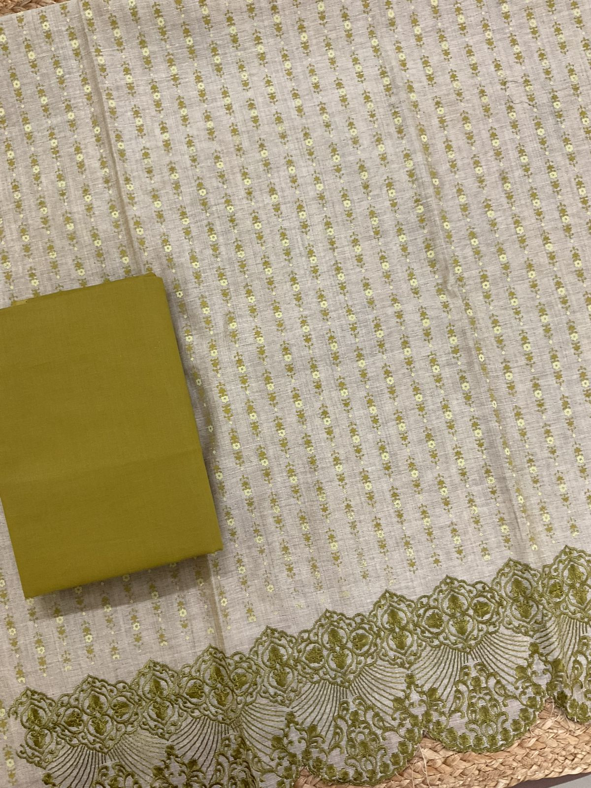 Pure Slub Chanderi Printed Embroidered Suit - Beige