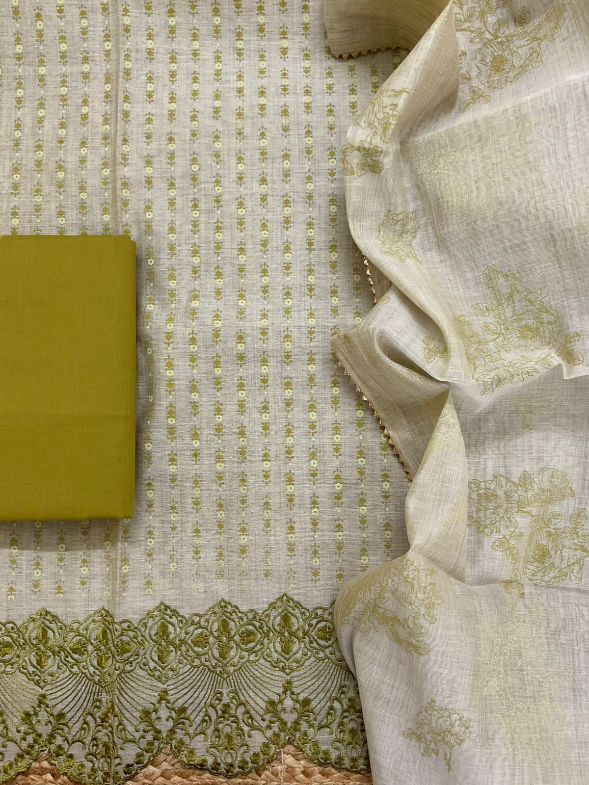 Pure Slub Chanderi Printed Embroidered Suit - Beige
