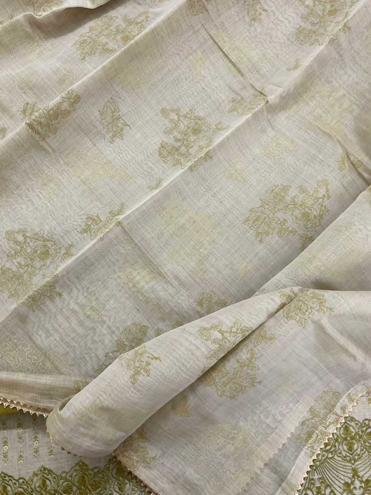 Pure Slub Chanderi Printed Embroidered Suit - Beige