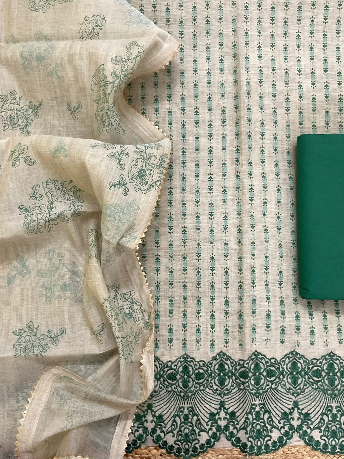 Pure Slub Chanderi Printed Embroidered Suit - Beige